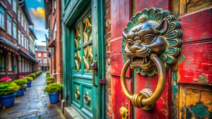 Captivating Urban Exploration Photography of a Traditional Chinese Door Knocker Against an Old Building, Showcasing Intricate Details and Cultural Heritage in an Urban Setting