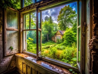 Captivating View from a Window in an Abandoned House, Showcasing Wet Glass and Lush Trees, Evoking Nostalgia and Nature's Resilience Amidst Decay and Ruin