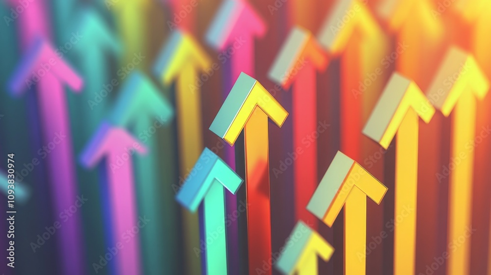 Poster colorful arrows rising towards a bright horizon symbolizing growth, progress, and success in busines