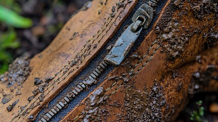 Close-up of a muddy, dirt-stained zipper on worn leather material showcasing the effects of the outdoors and natural elements on fabric and hardware in a natural setting