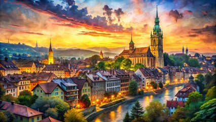 Obraz premium Captivating Watercolor Interpretation of Bern's Skyline at Dusk, Showcasing Iconic Architecture, Vibrant Colors, and Artistic Flair for Stunning Visuals
