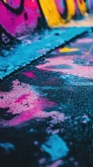 Fototapeta premium Vibrant and Colorful Abstract Graffiti Artwork with Blue, Pink, and Purple Paint Spills on a Wet Surface Capturing Urban Artistic Expression and Texture