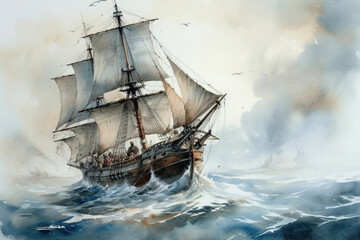 Fototapeta premium white sailboat in the foggy sea., watercolor style, 