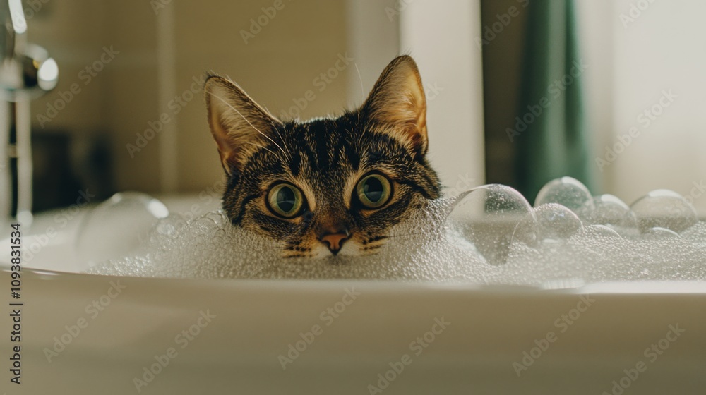 Poster curious cat in a bathtub surrounded by bubbles and foam, displaying big eyes and playful expression 
