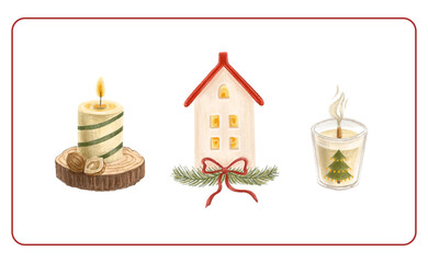 Set of isolated digital hand drawn elements. Candle. Candlestick. A Christmas candle. Cozy Christmas. New Year. Decoration for Christmas. Color illustration.