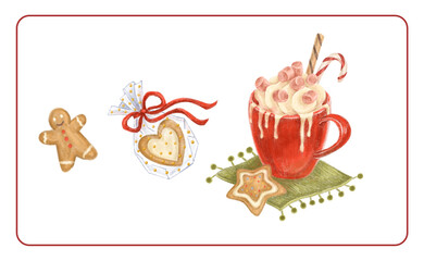 Set of isolated digital hand drawn elements. Christmas food. Gingerbread. Cocoa with marshmallow. Cozy Christmas. New Year. Decoration for Christmas. Color illustration.