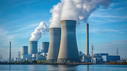 Obraz premium Industrial Power Plant with Cooling Towers Emitting Steam Against a Clear Blue Sky and Reflected in Calm Water, Showcasing Energy Production and Environmental Impact