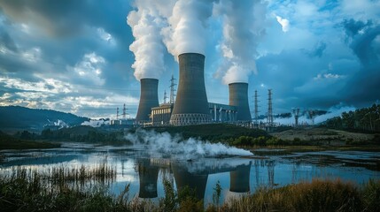 Majestic View of Power Plant Cooling Towers Emitting Steam Surrounded by Serene Landscape and Reflection in Water During Vibrant Sky at Dawn or Dusk