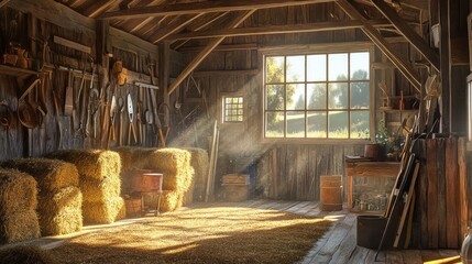 Rustic Barn Interior with Sunlight Streaming Through Windows, Hay Bales Stacked, Gardening Tools Hanging on the Wall, and a Wooden Workbench, Perfect for Countryside Themes