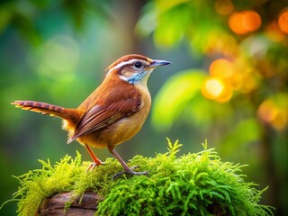 Fototapeta premium Carolina Wren Perched on a Moss-Covered Log in a Serene Natural Setting with Soft Background and Ample Copy Space for Nature Photography Enthusiasts