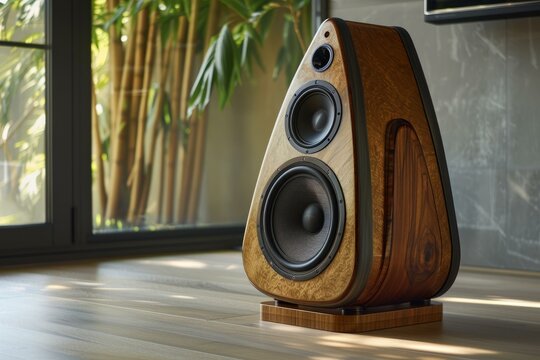 High end wooden speaker stands in a modern, elegant interior, showcasing sophisticated audio equipment for music enthusiasts