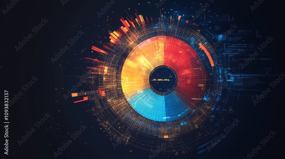 Poster abstract data visualization with circular chart and colorful segments representing statistics and in