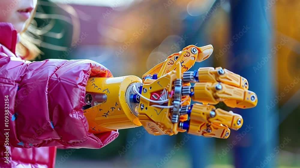 Poster A child joyfully engages with a vibrant robotic arm, showcasing intricate designs and mechanical components. The setting features bright autumn foliage.