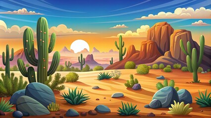 Cartoon Desert Scene with Silhouette Rocks and Grass Ideal for Creative Projects, Illustrations, and Various Background Uses