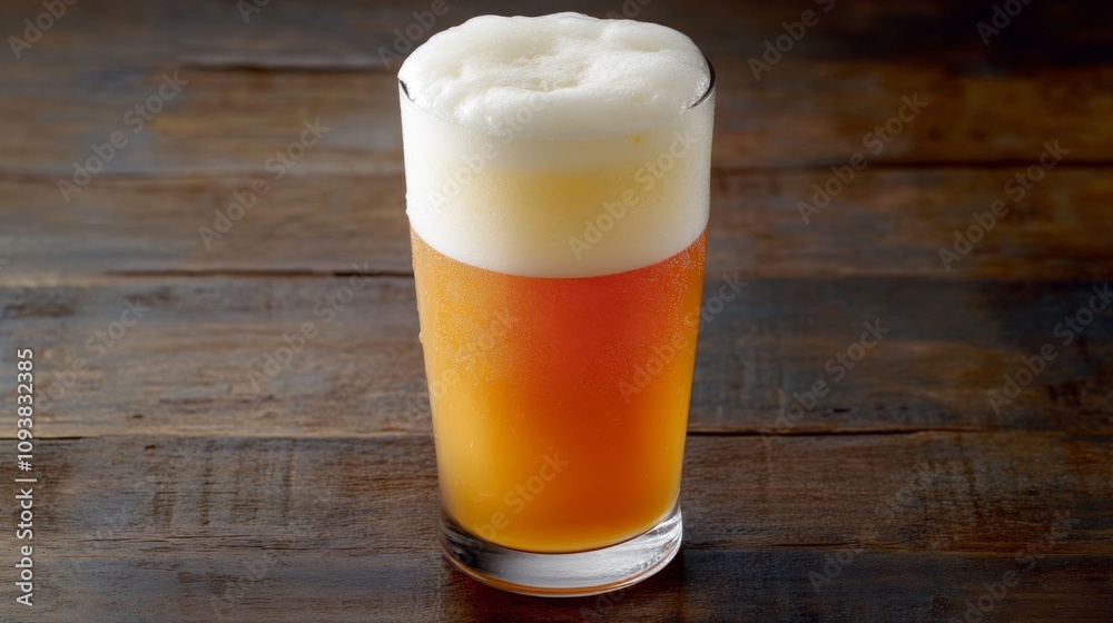 Poster Refreshing Foamy Beer in a Clear Glass on a Rustic Wooden Table with Natural Light Capturing the Essence of a Perfectly Brewed Beverage