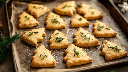 A Batch of Golden, Flaky Christmas Tree-Shaped Biscuits on a Baking Tray, Fresh Out of the Oven, Sprinkled with Salt Crystals and Herbs for a Festive, Savory Appeal
