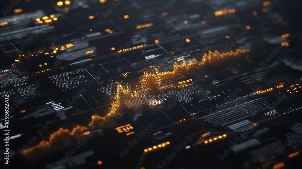 Poster abstract digital data visualization with dynamic graphics and glowing elements representing statisti