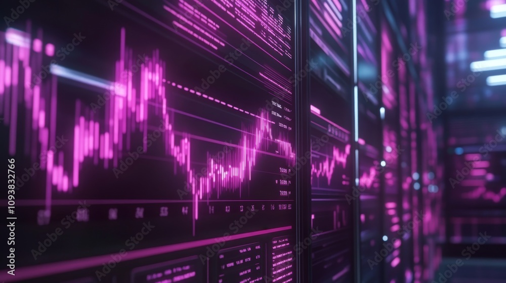 Fototapete Futuristic Data Visualization in Neon Pink Colors with Graphs and Charts for Financial Analysis and Technology Background Concepts