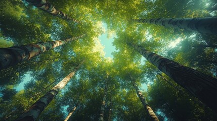 Fototapeta premium Looking up at a grove of tall trees with green leaves, sun shining through the canopy.