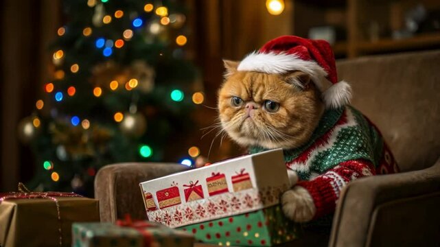 Cute funny Christmas cat, ginger exotic cat in a festive sweater, Santa hat, holding Christmas present, gift. Funny pensive, gloomy face expression. Festive Christmas interior. Unhappy bad cat  