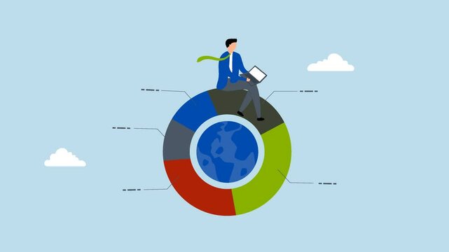 Global portfolio asset allocation, 4k animation of entrepreneur uses laptop to analyze global pie chart. 