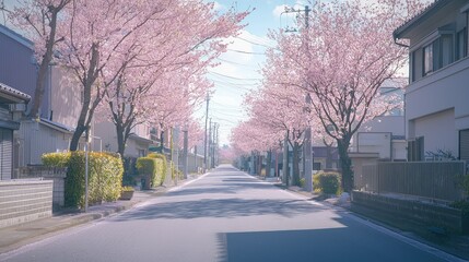 Serene Cherry Blossom Avenue in Spring with Beautiful Pink Trees Framing a Peaceful Street in a Quaint Neighborhood under Clear Blue Sky