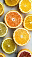 Freshly Sliced Citrus Fruits Displayed on a Marble Surface, Featuring Juicy Oranges, Lemons, and Unique Blood Oranges, Perfect for Healthy Recipes and Vibrant Food Photography