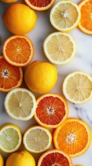 Obraz premium Fresh Citrus Fruits Displayed on Marble Surface, Featuring Oranges, Lemons, and Blood Oranges in Vibrant Colors for Healthy Lifestyle and Cooking Inspiration