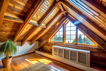 Obraz premium Charming Attic Air Vent or Window in a Ranch Home, Perfect for Capturing Cozy Residential Atmosphere with Natural Light and Architectural Details