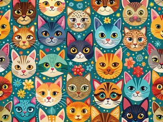 Charming Cat Muzzles in a Playful Pattern for Unique Textile Designs and Fun Home Decor, Perfect for Cat Lovers, Animal Enthusiasts, and Creative Projects