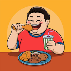 Happy boy eating fried chicken with a drink and meal