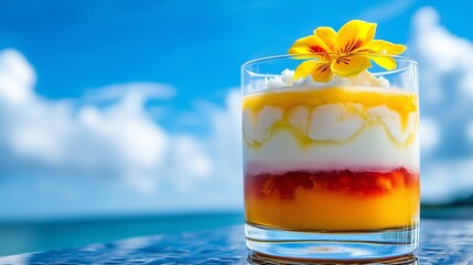 A Colorful Mocktail Served in a Glass with Layers of Mango, Coconut, and Passion Fruit Juices, Topped with a Tropical Yellow Flower Garnish, Set Against a Bright Blue Sky