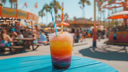 A Colorful Layered Rainbow Slushie Served in a Clear Cup, with a Vibrant Striped Straw, Set Against a Fun Outdoor Carnival Background