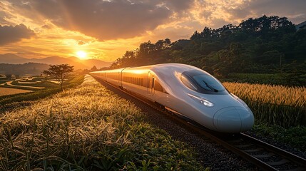 A high-speed train traveling through fields, train background.
