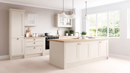 Chic Cream Colored Kitchen with Warm Wooden Accents and Ample Natural Lighting