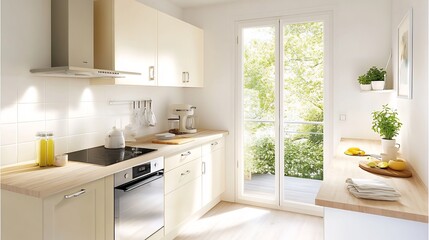 Cream and Brown Kitchen Bathed in Natural Light and Minimalist Design
