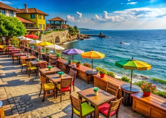 Charming Outdoor Cafes and Restaurants Along the Black Sea Coast in Nessebar, Bulgaria, Showcasing Historic Architecture and Scenic Views of the Sea Resort