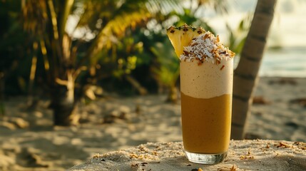 A Creamy Coconut with Pi&ntilde;a Colada Gradient Smoothie Served in a Tall Glass, Topped with Shredded Coconut and a Slice of Pineapple, Placed on a Sandy Surface with a Sunny Beach and Palm Trees 