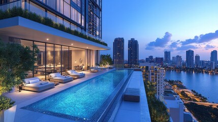 Luxurious Infinity Pool Overlooking City Skyline at Dusk with Modern Architectural Design and Serene Water Reflection