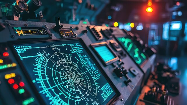 High-Tech Control Room Dashboard with Digital Displays and Navigation Instruments in a Modern Marine Environment at Night