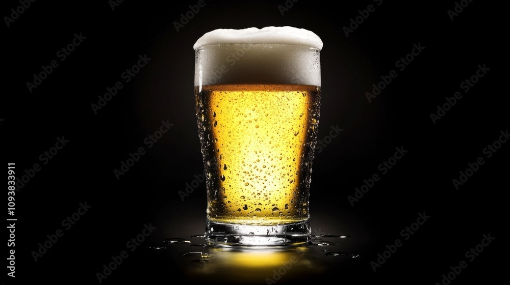 Poster refreshing glass of beer with foam on top illuminated against a dark background, capturing the essen