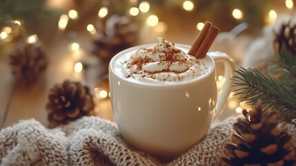 A Festive White Cup of Creamy Eggnog Topped with Nutmeg and a Cinnamon Stick on White Warm Knitwear, Placed on a Table Adorned with Christmas Decorations, Like Pinecones and Fairy Lights
