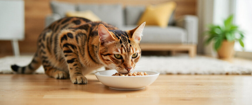 Bengal cat eating from sleek bowl in modern apartment, pet food ad