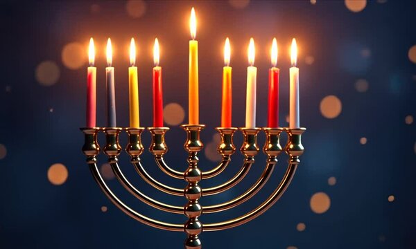 Elegant menorah with nine lit candles against dark background celebrating hanukkah spirit and tradition