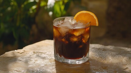A Glass of Cold Brew Coffee with a Few Ice Cubes and a Slice of Orange as Garnish, Placed on a Natural Stone Table, Lit by Soft Natural Light, with a Relaxed Outdoor Garden in the Background
