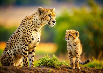 Cheetah Cub Learning from Mother in a Shrinking Wilderness: A Tilt-Shift Perspective on Nature's Struggles and Survival Techniques