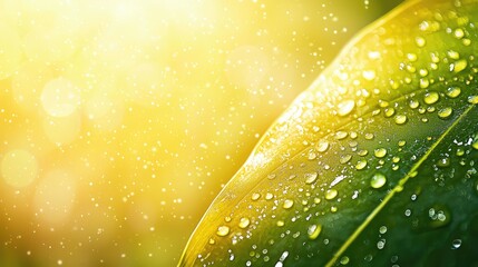 Close-Up of Dew Drops on Green Leaf with Shimmering Background of Soft Yellow Light Creating a Peaceful Nature Scene Filled with Refreshing Energy and Vitality