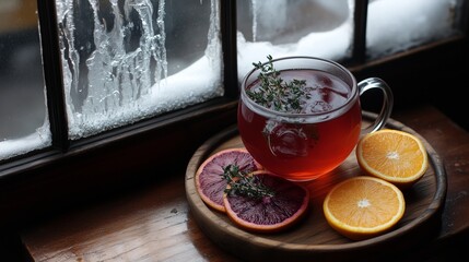 A Glass of Cup of Herbal Tea with Slices of Blood Orange and Orange Slices in a Tray Near a Frosty Snowy Window