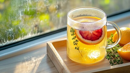 A Glass of Herbal Tea with Slices of Blood Orange in it with Herbs and Orange Slices in a Tray Near a Frosty Snowy Window