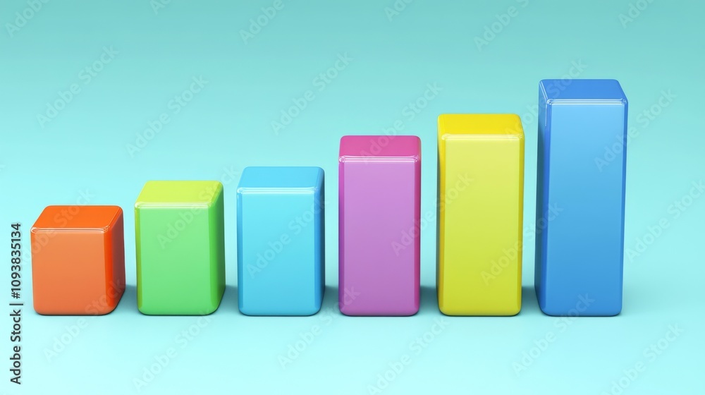 Poster Colorful 3D Bar Graph Representing Growth and Progress on a Bright Turquoise Background for Business or Educational Use in Presentations and Reports